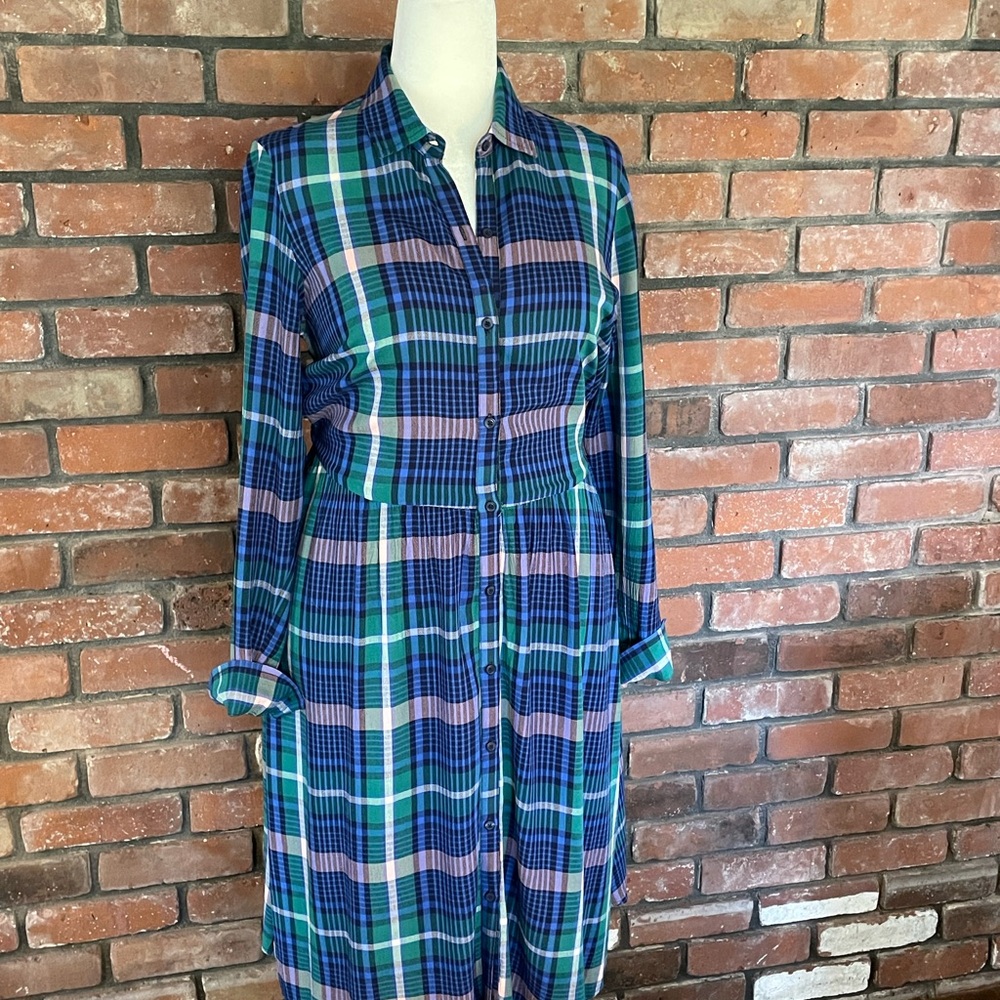 Long Sleeve Plaid Dress - Blue Green Pink - Sz M - Spring and Fall
